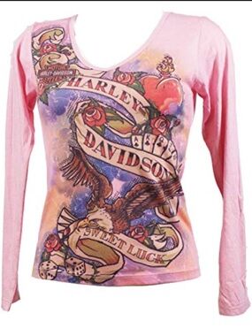 Harley Davidson Pink Long Sleeve Graphic Tee XL Eagle Y2K Tattoo
